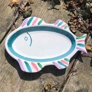 Whimsical Fish Platter Shallow Bowl Caleca Italy Hand Painted Beach Decor 10 X 7